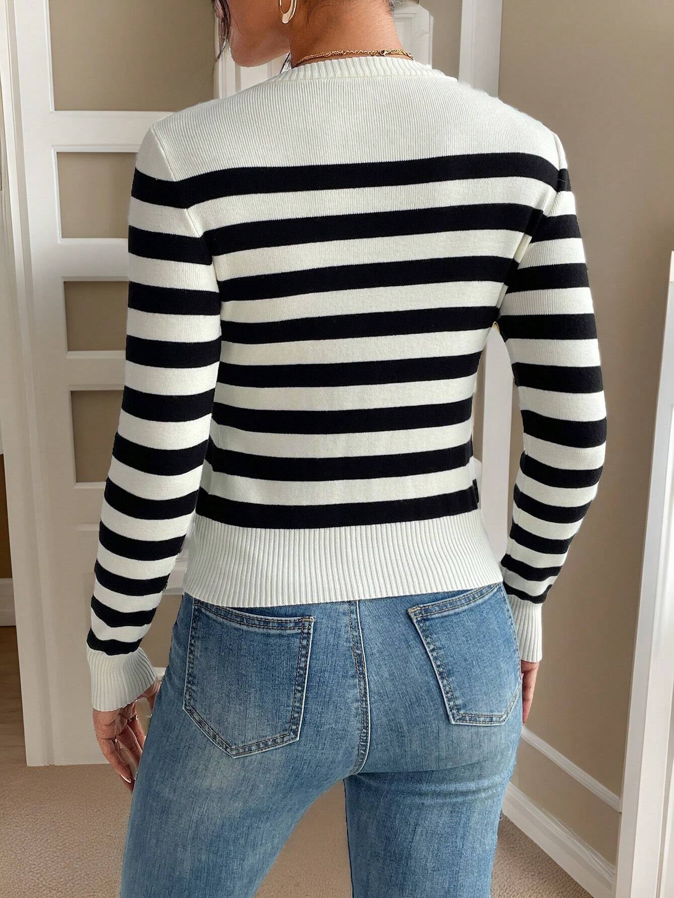 SHEIN Frenchy Striped Pattern Ribbed Knit Sweater,Long Sleeve Tops