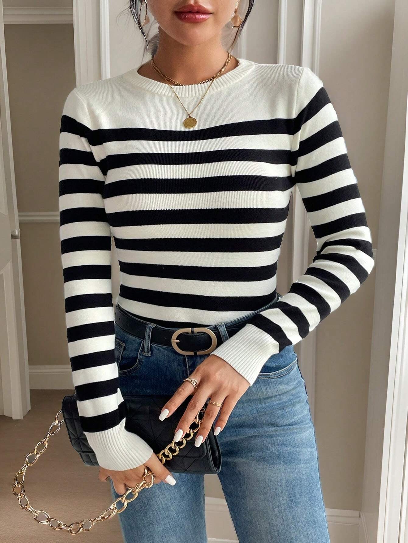 SHEIN Frenchy Striped Pattern Ribbed Knit Sweater,Long Sleeve Tops