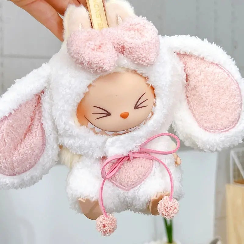 For 17Cm Labubu Dolls Accessories DIY Doll Clothes Heartbeat Long Eared Furry Rabbit Costume Cartoon Dress up Labubu Outfit