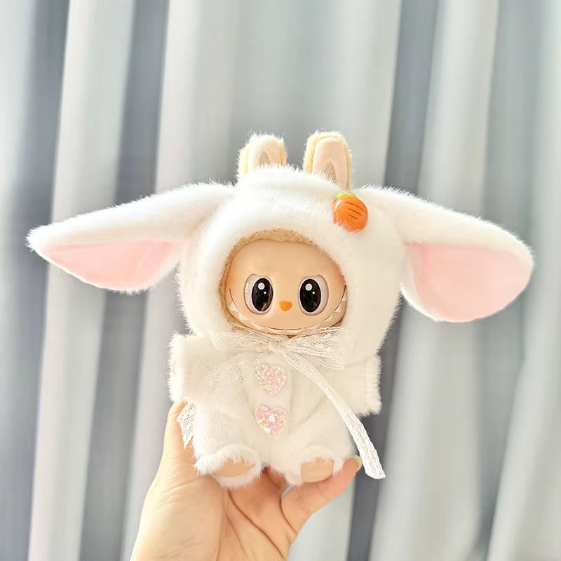 For 17Cm Labubu Dolls Accessories DIY Doll Clothes Heartbeat Long Eared Furry Rabbit Costume Cartoon Dress up Labubu Outfit