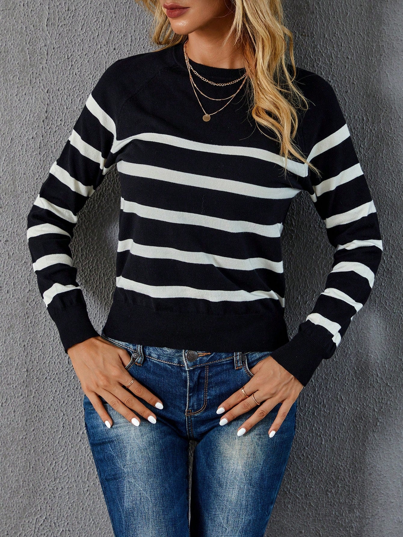 SHEIN LUNE Striped Pattern Sweater,Long Sleeve Tops