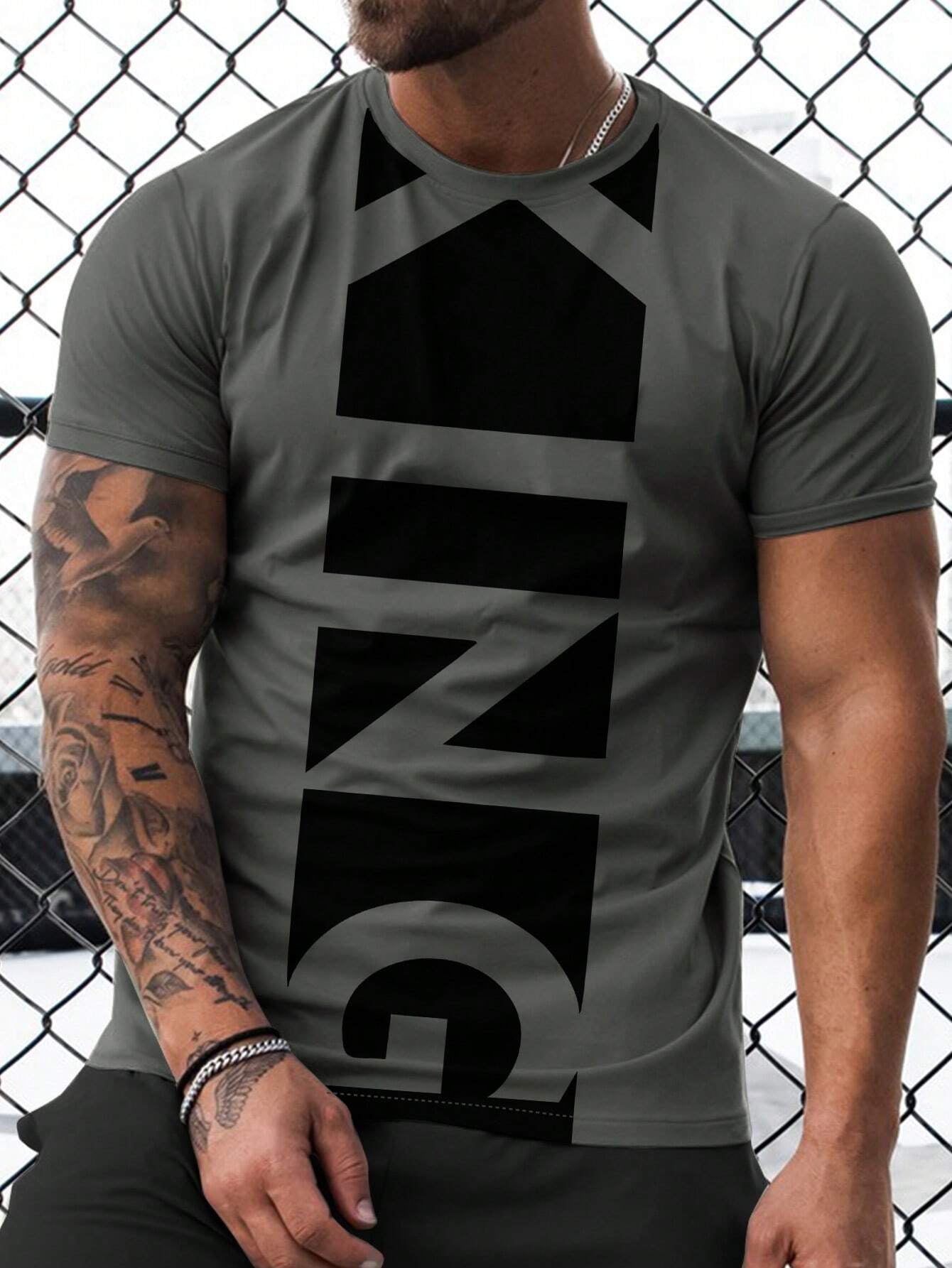 Manfinity Homme Men Geometric King Letter Graphic Pattern Short Sleeve T-Shirt, for Going Out, for Husband