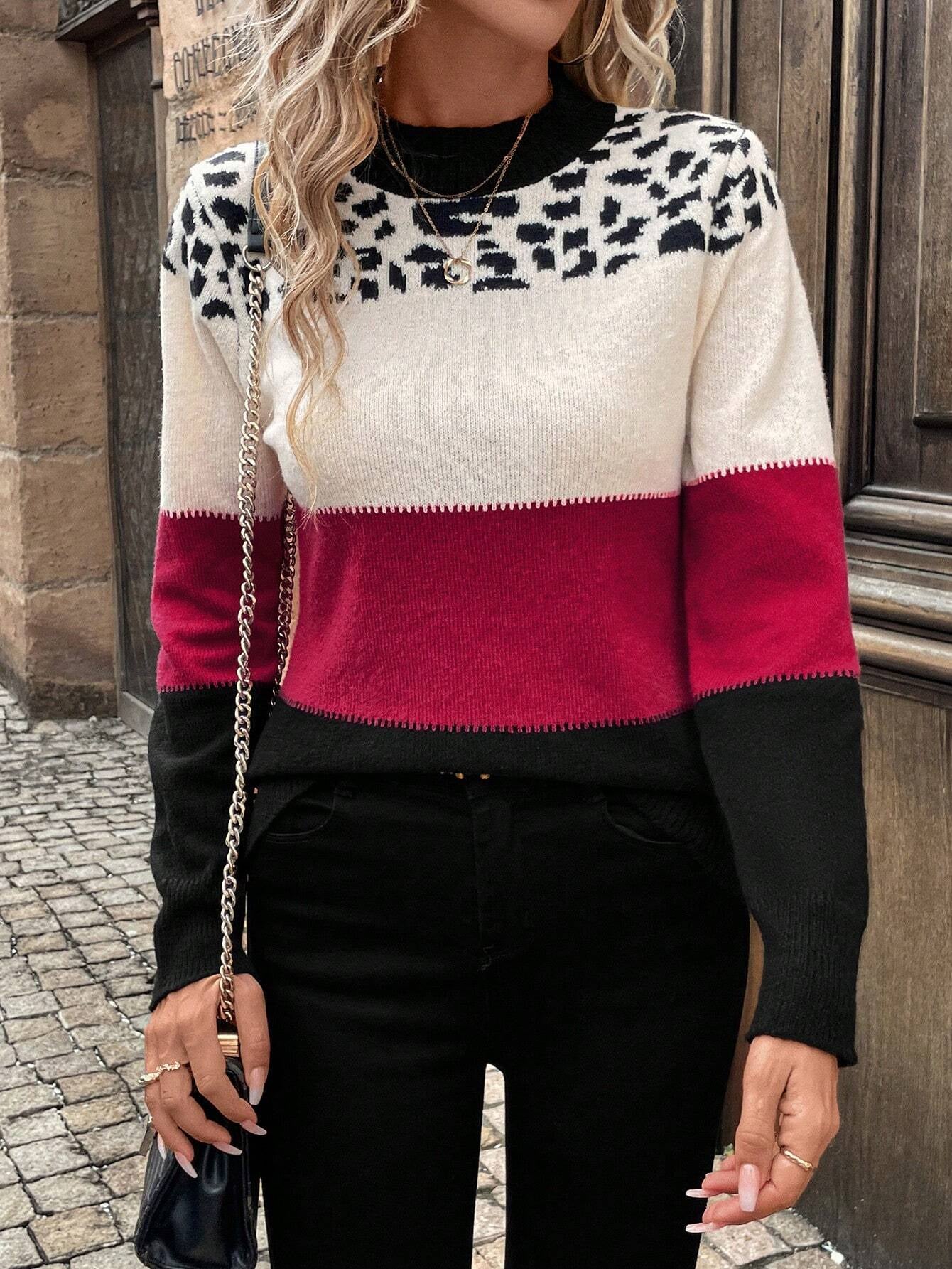 SHEIN LUNE Casual Autumn & Winter French Street Fashion Leopard Print Red Long Sleeve Sweater for Women,Long Sleeve Tops