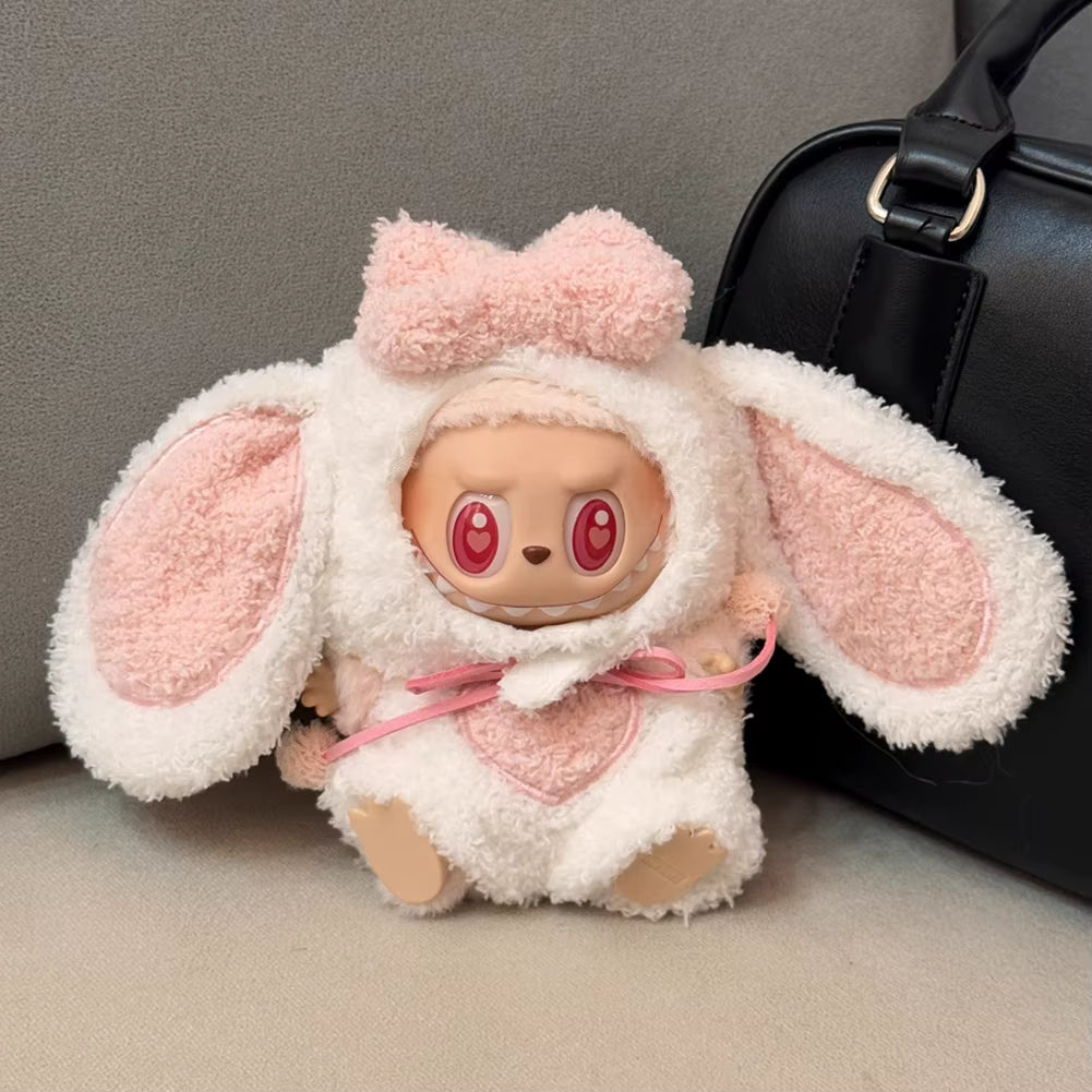 For 17Cm Labubu Dolls Accessories DIY Doll Clothes Heartbeat Long Eared Furry Rabbit Costume Cartoon Dress up Labubu Outfit