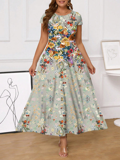 SHEIN Clasi plus Size Allover Print Summer round Neck Short Sleeve Women'S Dress,Beach Dress Sundress,Holiday Outfits Boho