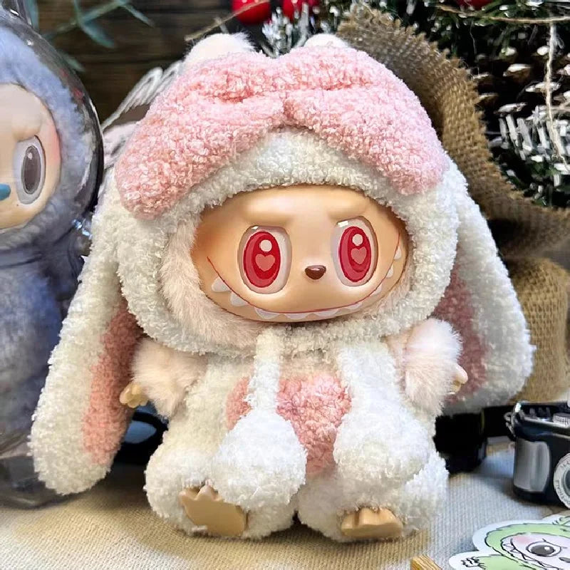 For 17Cm Labubu Dolls Accessories DIY Doll Clothes Heartbeat Long Eared Furry Rabbit Costume Cartoon Dress up Labubu Outfit