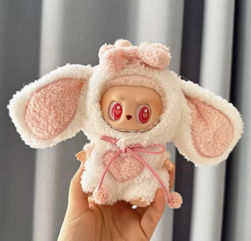 For 17Cm Labubu Dolls Accessories DIY Doll Clothes Heartbeat Long Eared Furry Rabbit Costume Cartoon Dress up Labubu Outfit