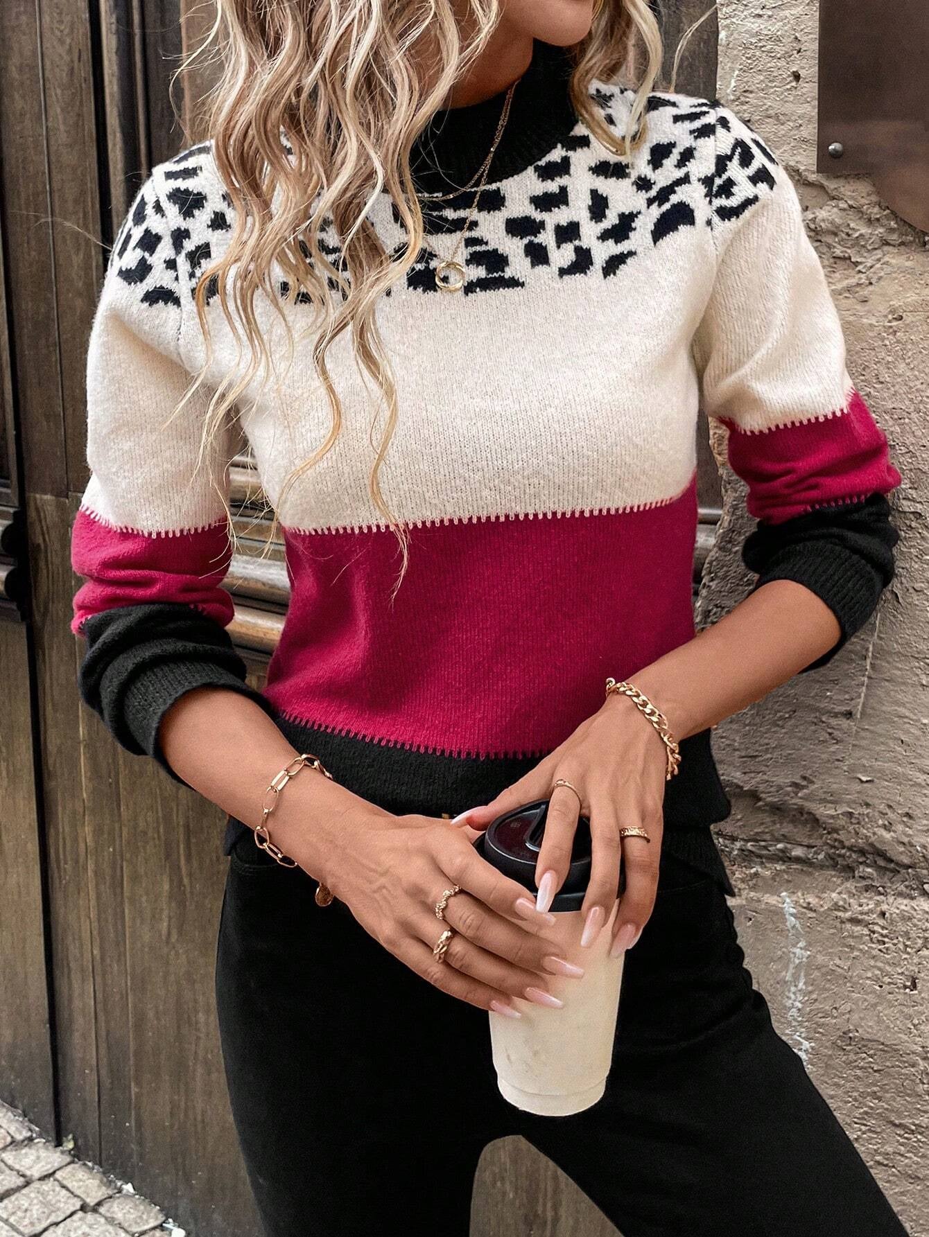 SHEIN LUNE Casual Autumn & Winter French Street Fashion Leopard Print Red Long Sleeve Sweater for Women,Long Sleeve Tops