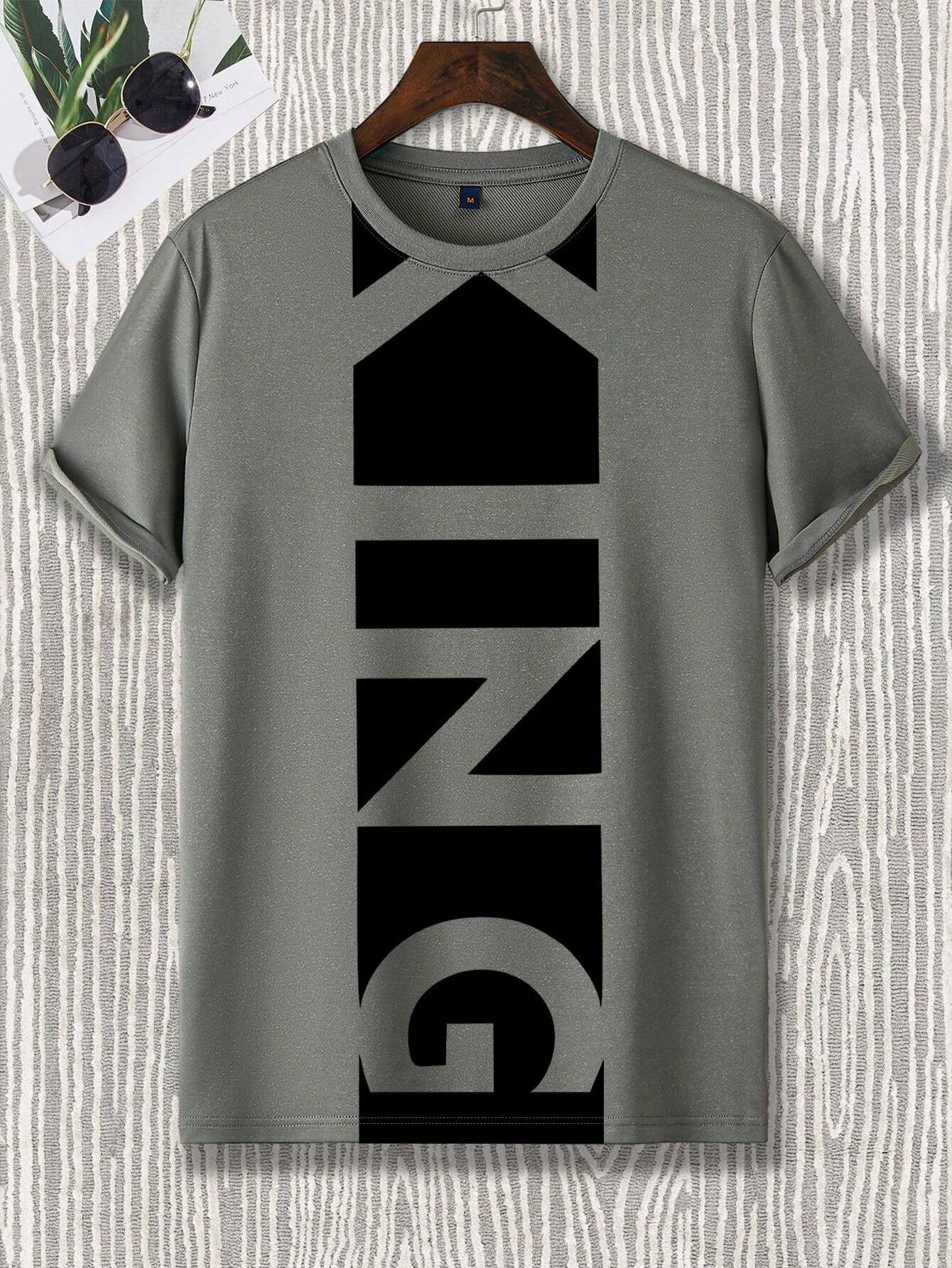 Manfinity Homme Men Geometric King Letter Graphic Pattern Short Sleeve T-Shirt, for Going Out, for Husband