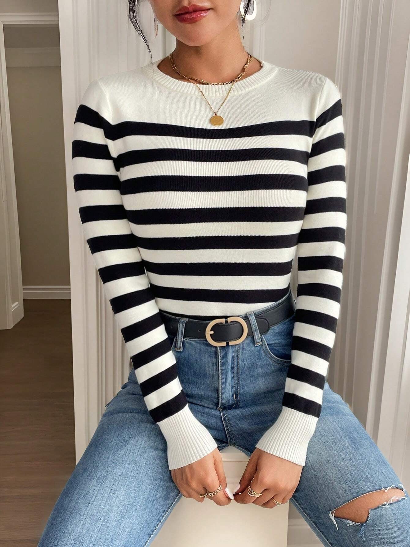 SHEIN Frenchy Striped Pattern Ribbed Knit Sweater,Long Sleeve Tops