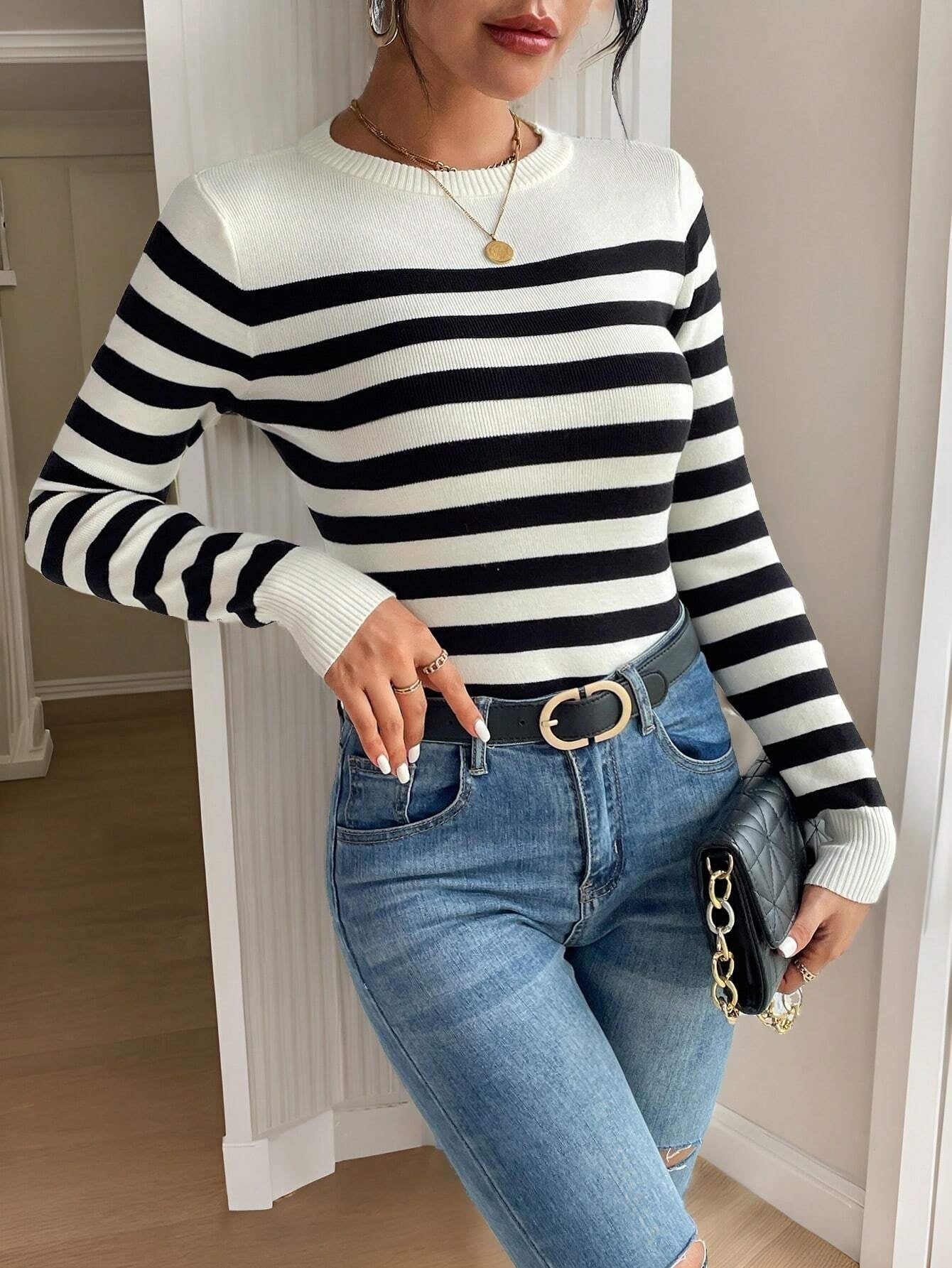 SHEIN Frenchy Striped Pattern Ribbed Knit Sweater,Long Sleeve Tops