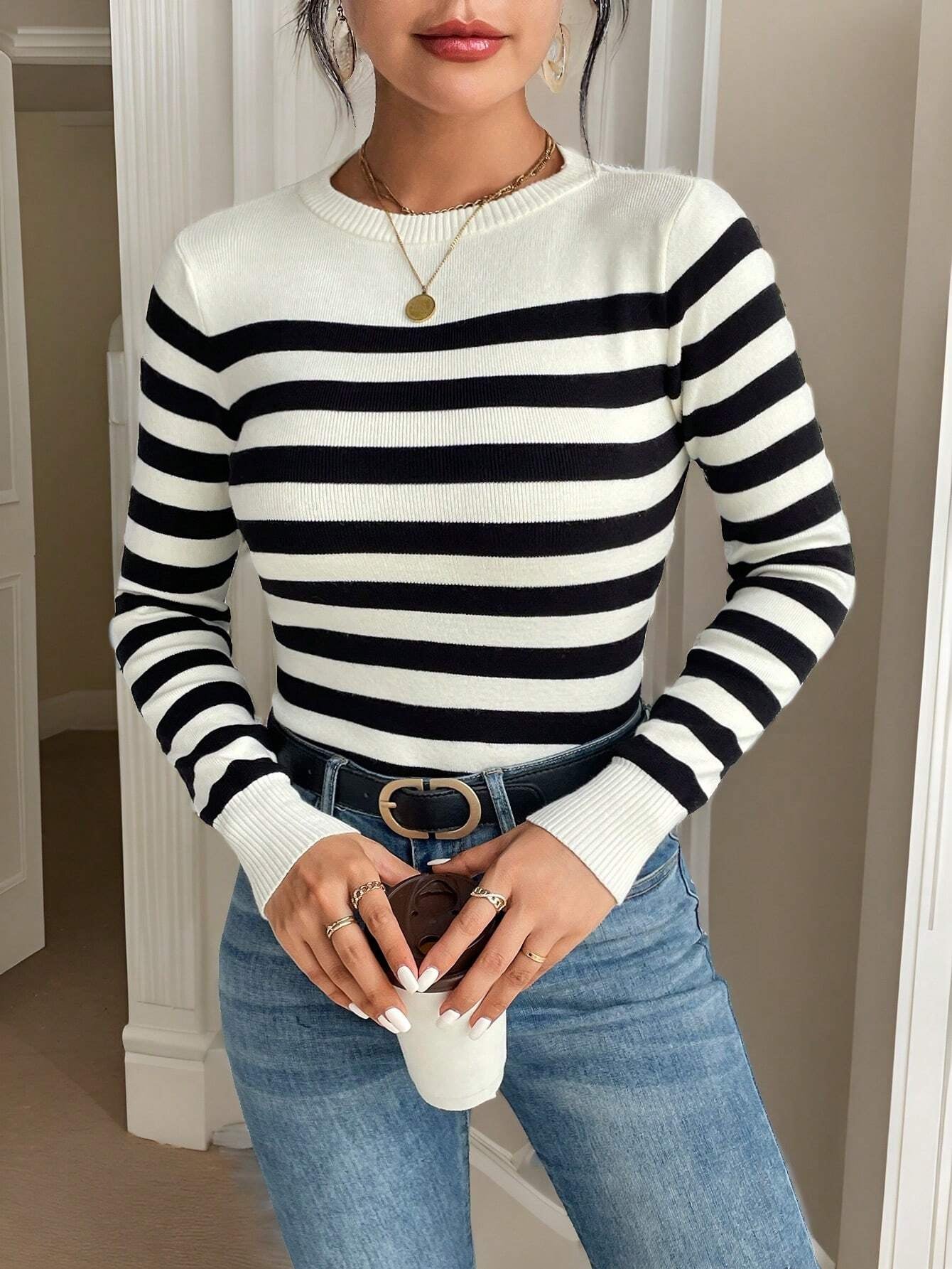 SHEIN Frenchy Striped Pattern Ribbed Knit Sweater,Long Sleeve Tops